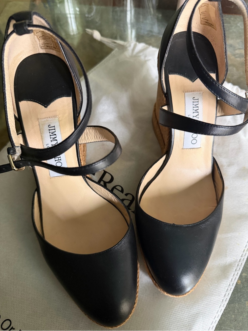 Jimmy Choo Black Leather Wedge Pumps with Ankle Straps